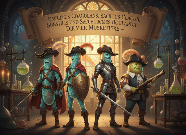 Alkalihalobacillus clausii MCC0538, Bacillus subtilis ATCC SD-7280, Bacillus coagulans DSM 17654 sowie Saccharomyces boulardii SBSC